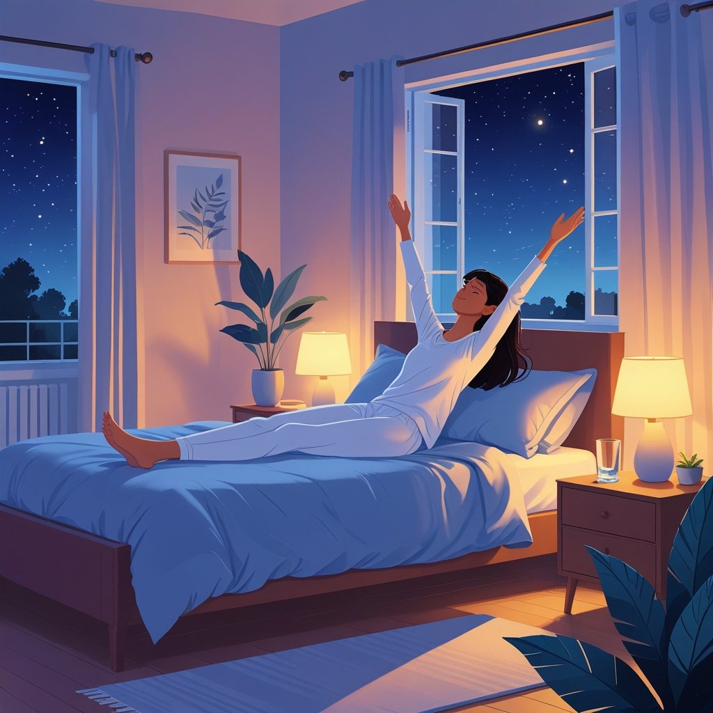 A person stretching on a yoga mat next to a bed in a softly lit bedroom at night.