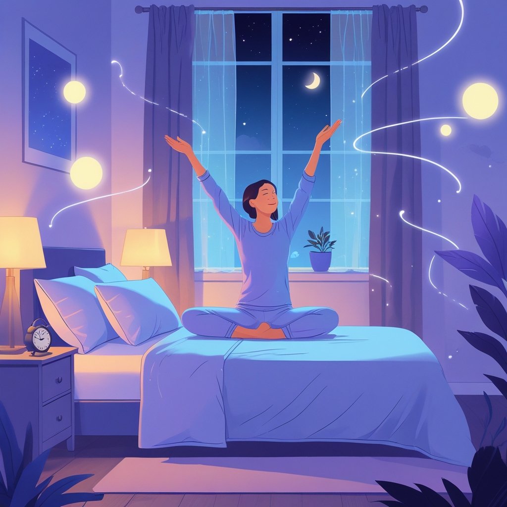 A person stretching on a yoga mat beside their bed in a softly lit bedroom at night, surrounded by calming colors and gentle light.