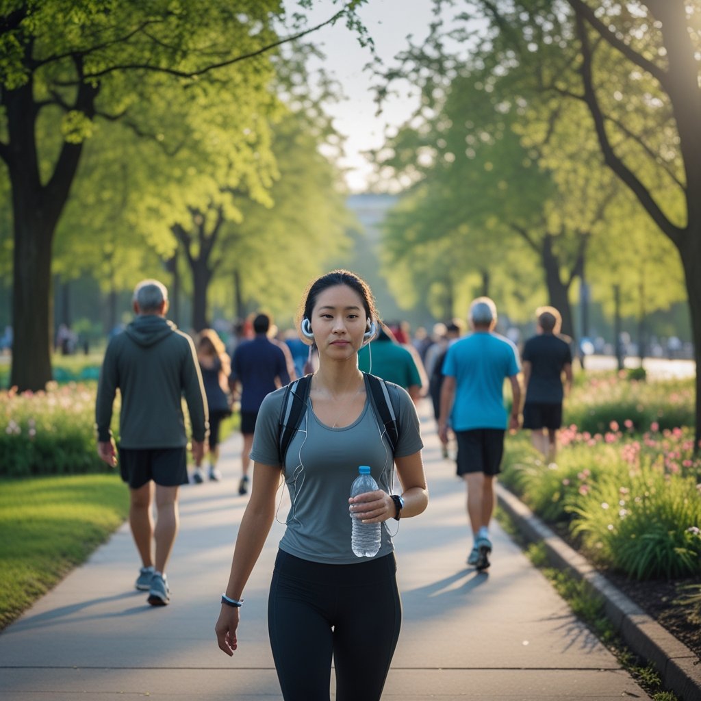 People walking along a tree-lined path in a park during morning light.